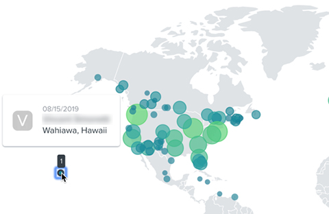 Vista del mapa de actividad de Norteamérica con círculos verdes y azules que muestran las interacciones