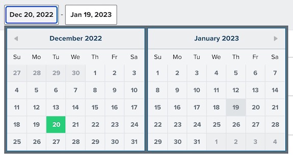 Vista del calendario con un mes a la izquierda y el mes siguiente a la derecha