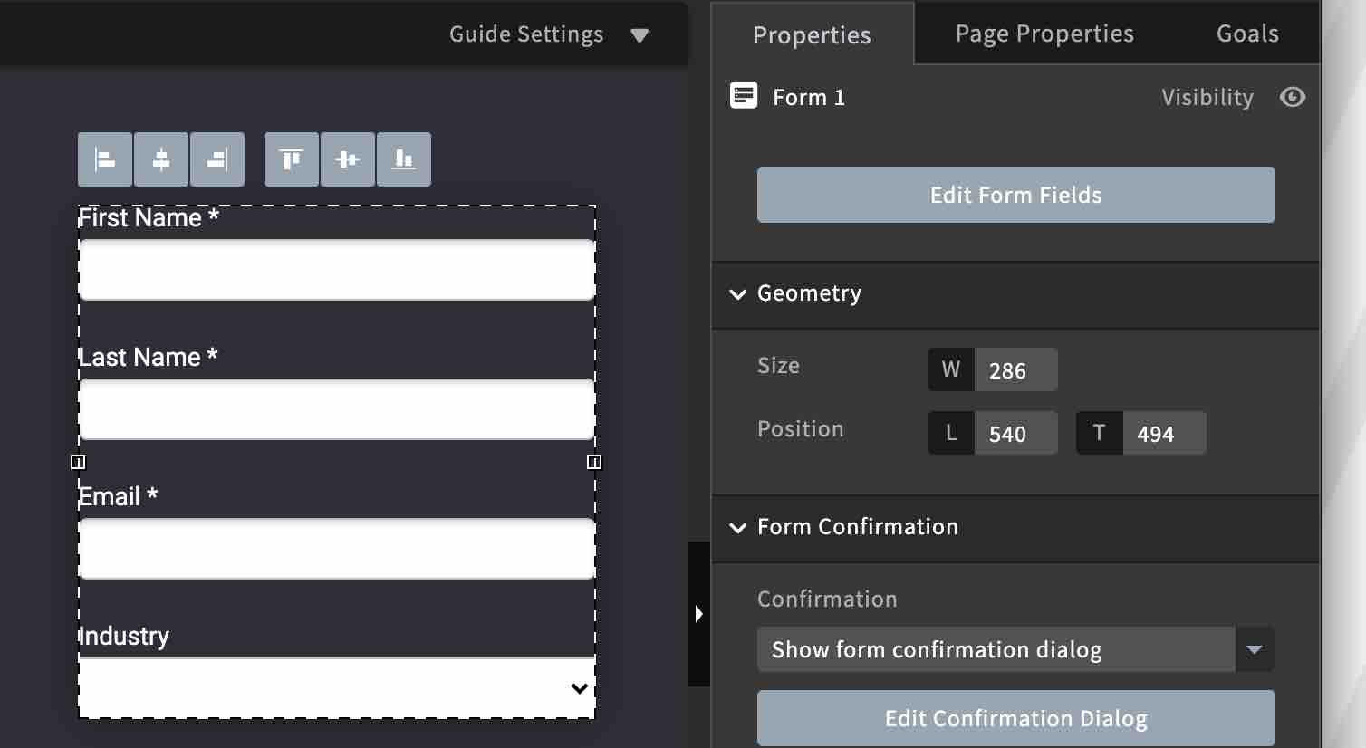 Form editor with form with fields First Name, Last Name, Email, and Industry