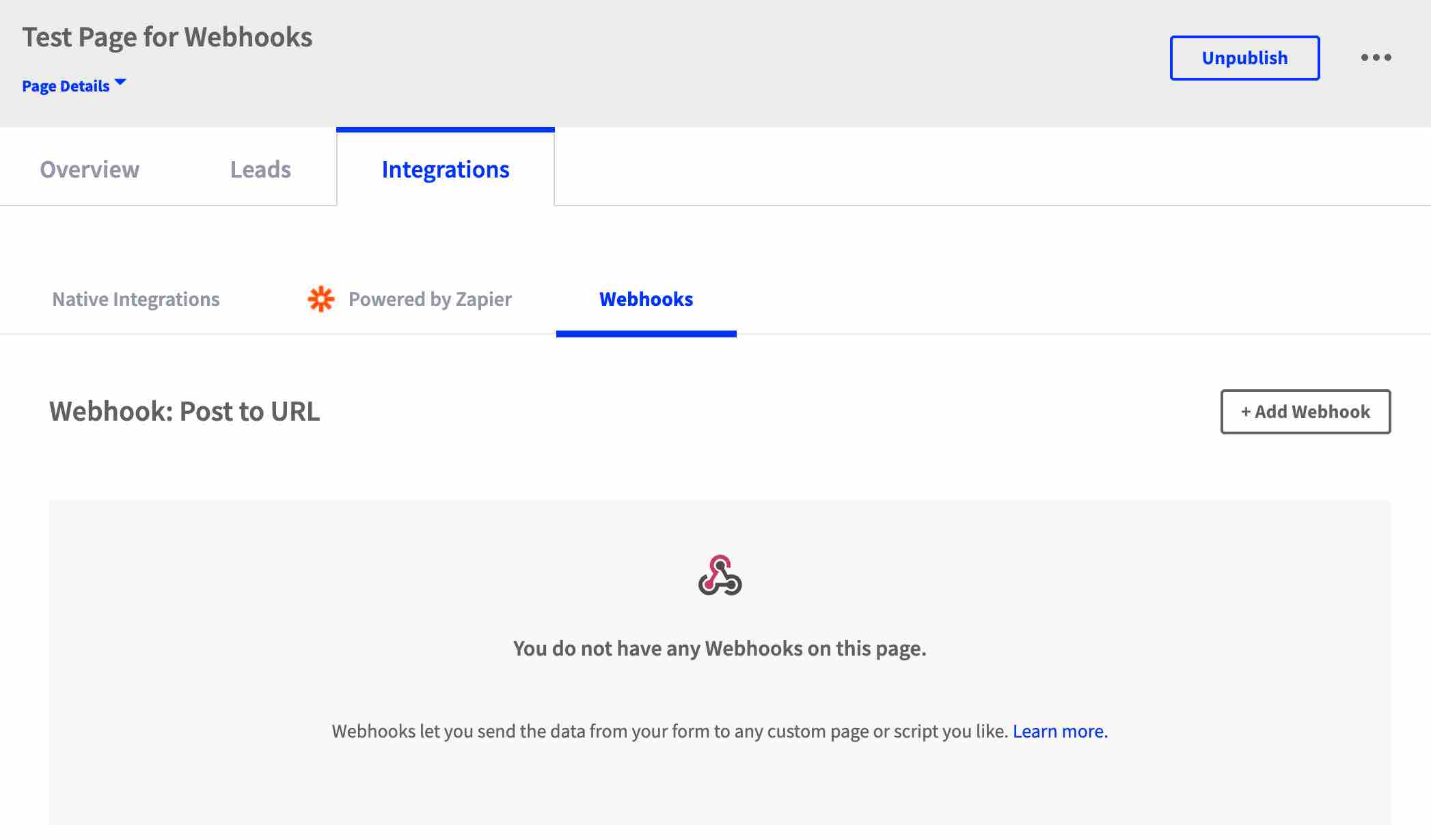 La scheda Integrazioni della pagina di test per Webhooks mostra la scheda Webhooks al suo interno.
