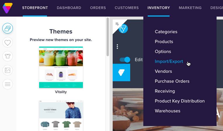Inventory dropdown in Volusion with Import/Export in blue