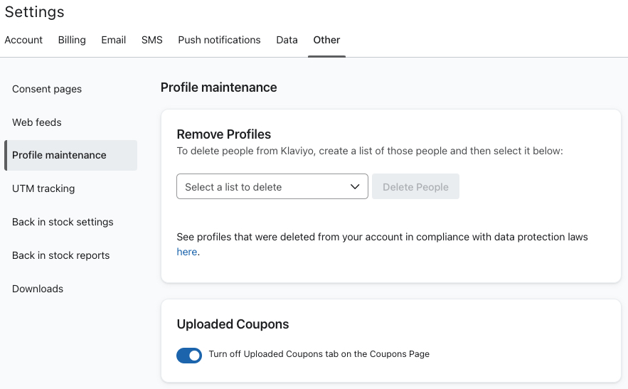 The Uploaded Coupons switch toggled on on the Profile Maintenance settings page to enable uploaded coupons on the Coupons tab.