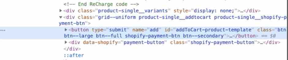 Code du bouton Add to cart (Ajouter au panier) dans la console avec l’identifiant addToCart-product-template