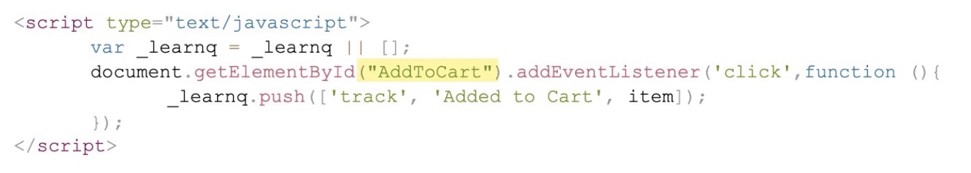 Snippet da Klaviyo Added to Cart com o ID do botão Adicionar ao carrinho destacado em amarelo.