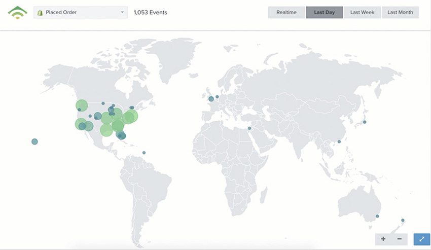 Visualização do mapa de atividades do mundo com círculos verdes e azuis mostrando interações em diferentes regiões