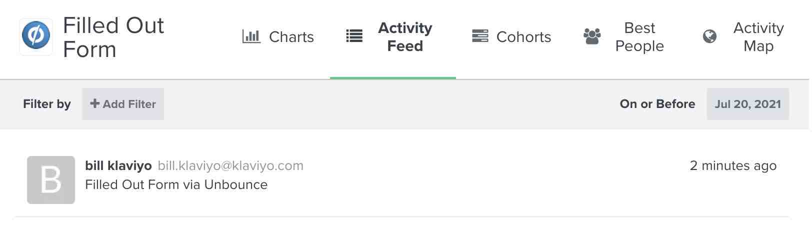 Filled out Form metric activity feed in Klaviyo showing an event from profile named Bill Klaviyo