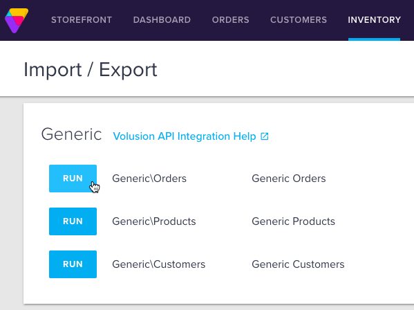 Página de importación/exportación en Volusion con el ratón sobre Ejecutar para Generic\Orders