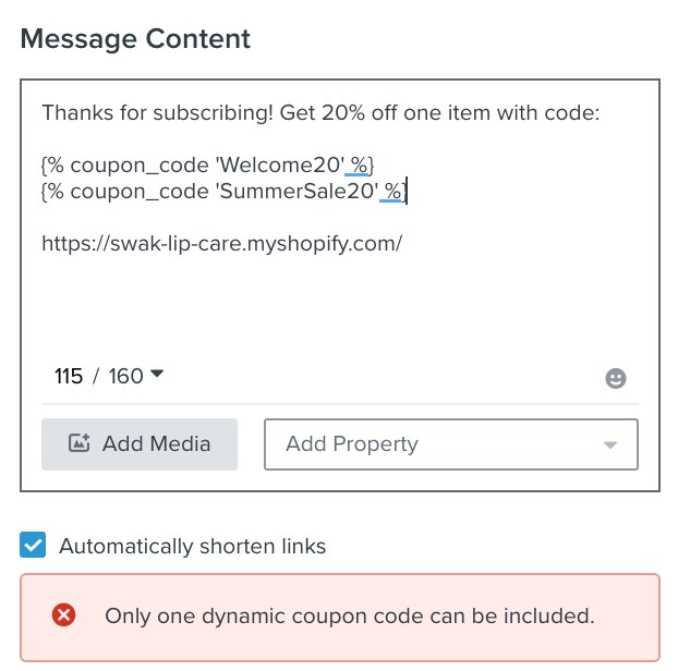 Error message for when two dynamic coupons are included in an SMS