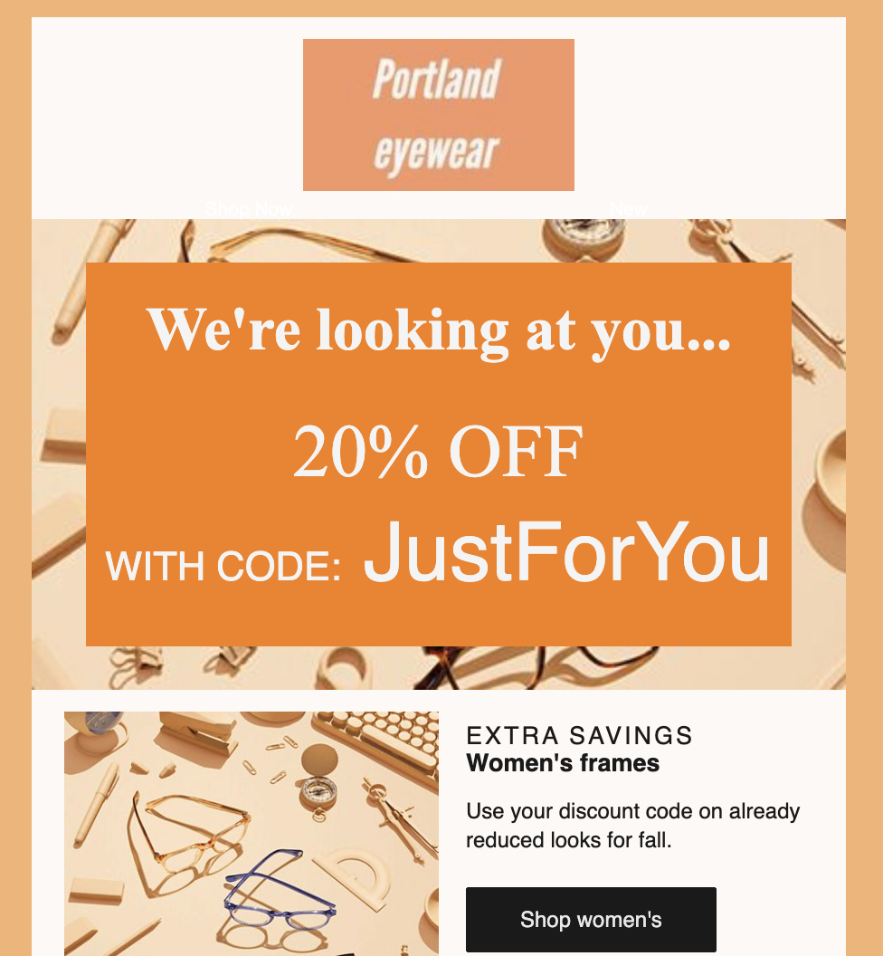 An example email template displaying a static coupon written in large, eye-catching font.