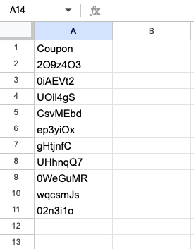 An example spreadsheet showing ten unique coupon codes listed under a heading that says Coupon.