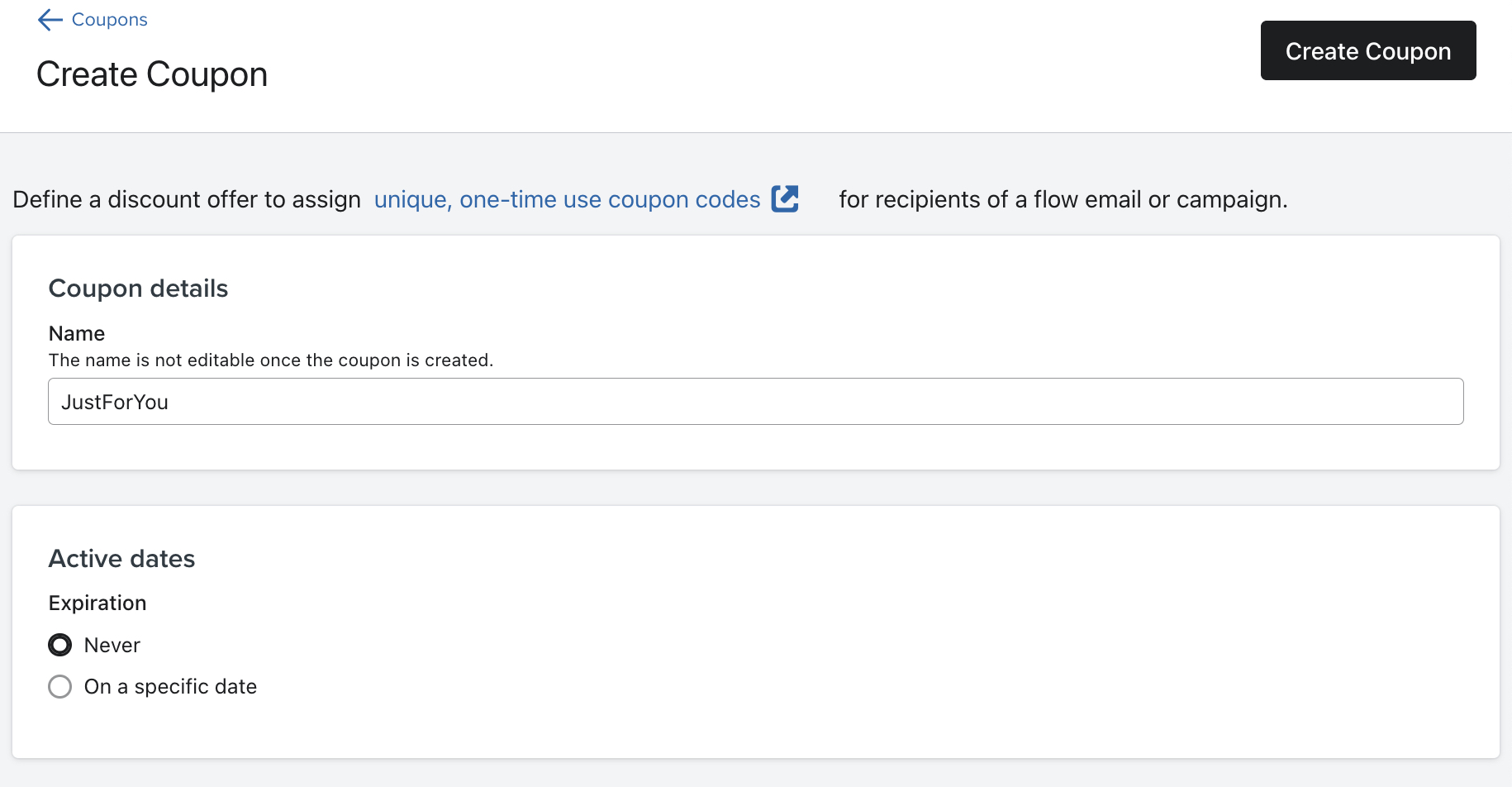 La page de menu Create Coupon, qui permet d’attribuer un nom à un code de réduction unique et de choisir sa date d’expiration.