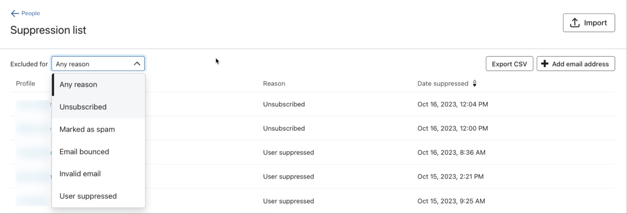 Suppressed profile page options