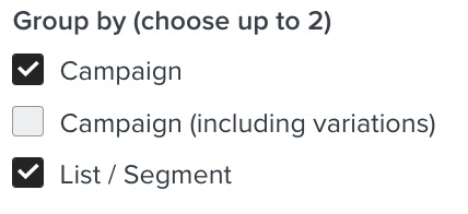 View showing checkboxes for grouping by campaign and list/segment both checked