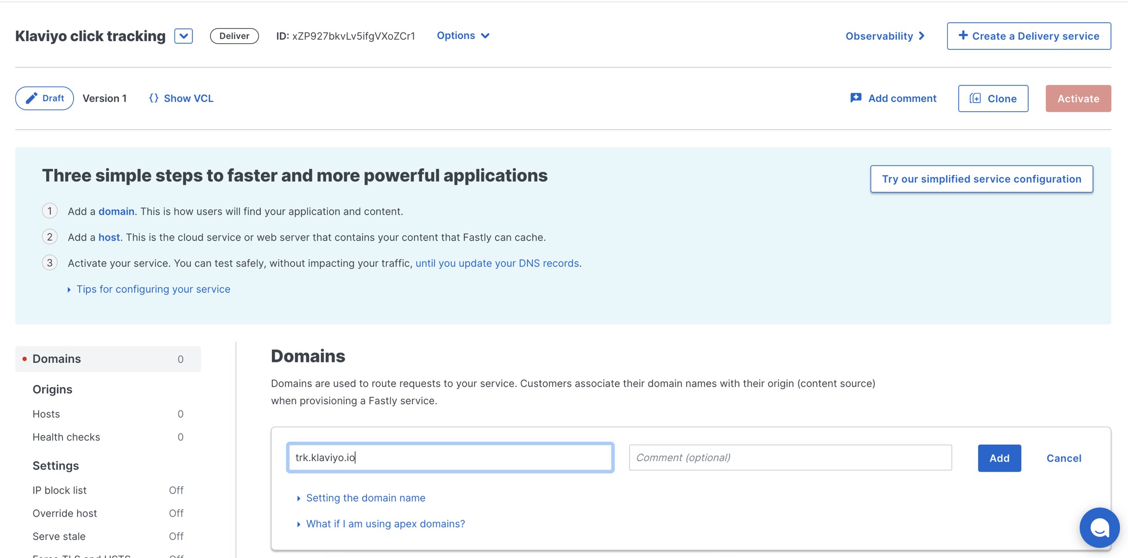 Opción para establecer subdominio y dominio en Fastly