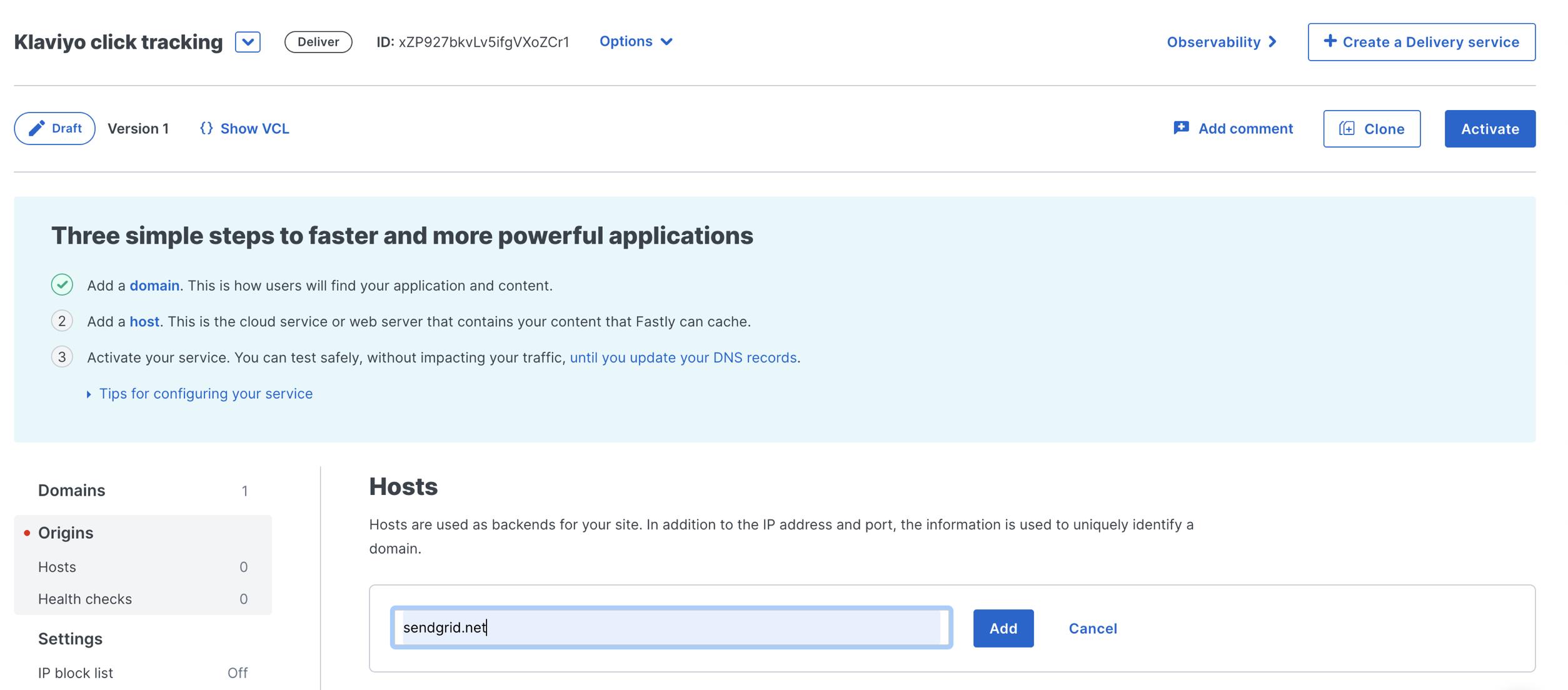 Opción para configurar el host en Fastly