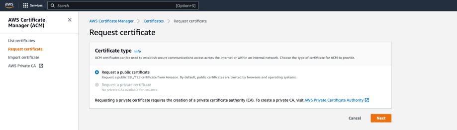 Page de demande de certificat dans Cloudfront