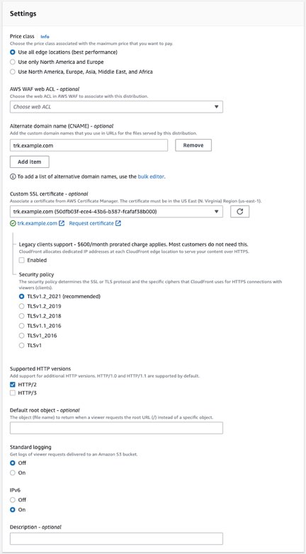 Impostazioni di distribuzione in Cloudfront