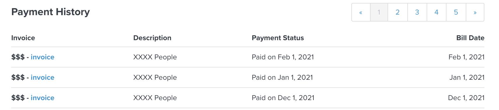 Example of an account's payment history