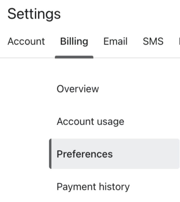 Guia Preferences (Preferências) em Billing (Faturamento)