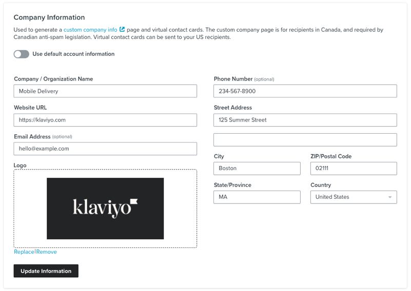 Company Information section of the SMS settings page with various fields for contact information