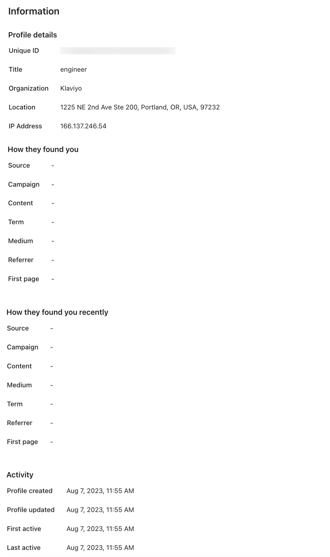 Section d'information sur le profil