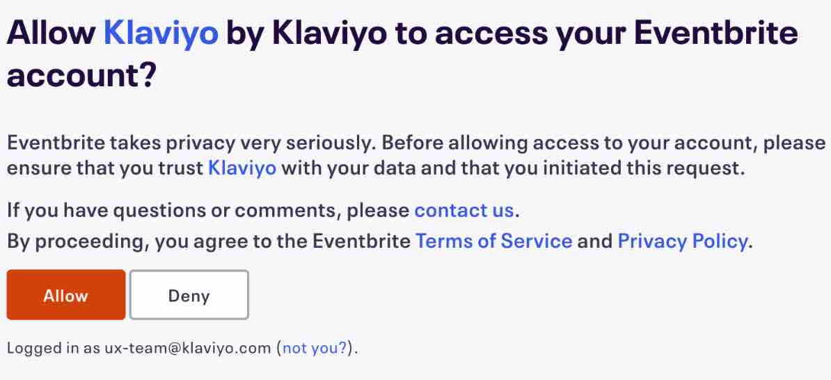 Écran demandant Allow Klaviyo by Klaviyo to access your Eventbrite account ? avec Allow sur fond orange et deny sur fond blanc