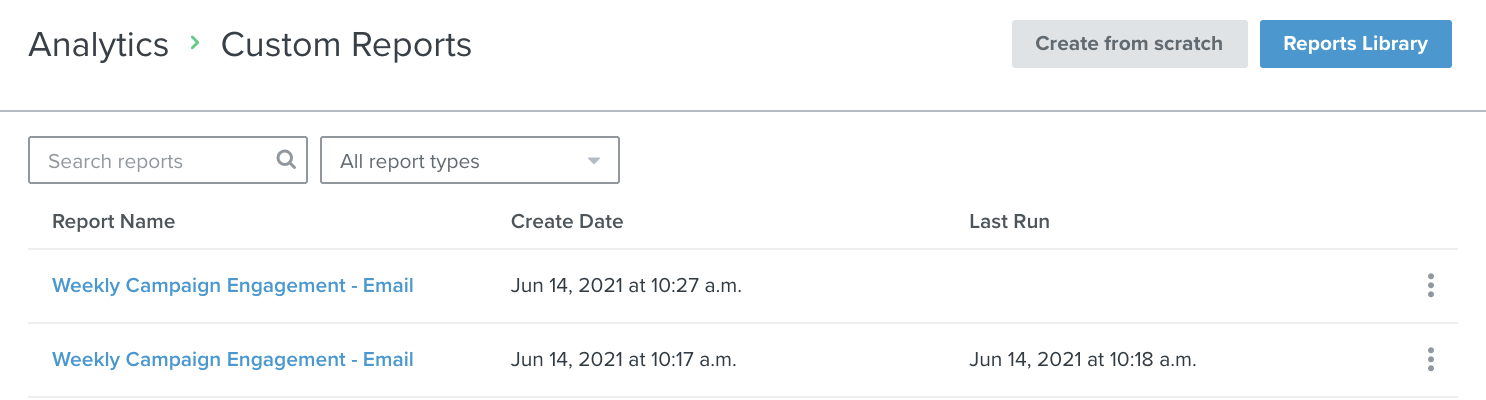 View of Custom Reports list page with buttons at top left to create own report or button at top right to go into the Reports Library