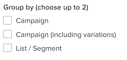 View of the segment and list reporting checkbox options