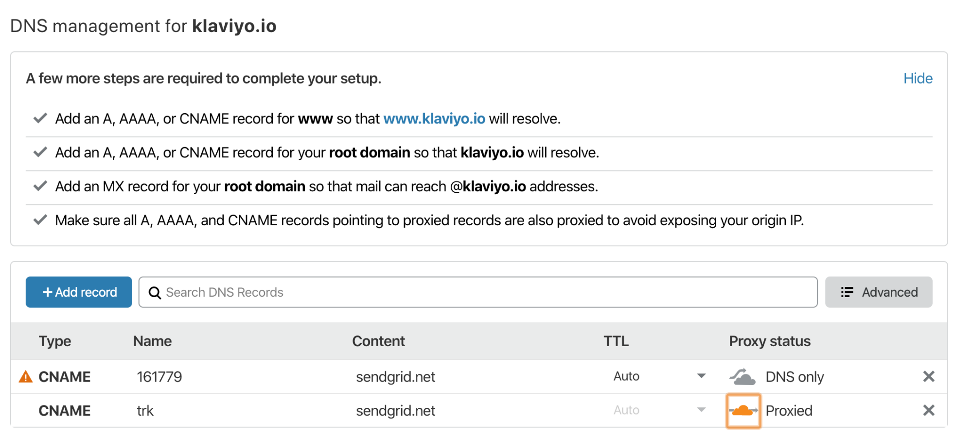 DNS Managment screen with CNAME record below setup as trk