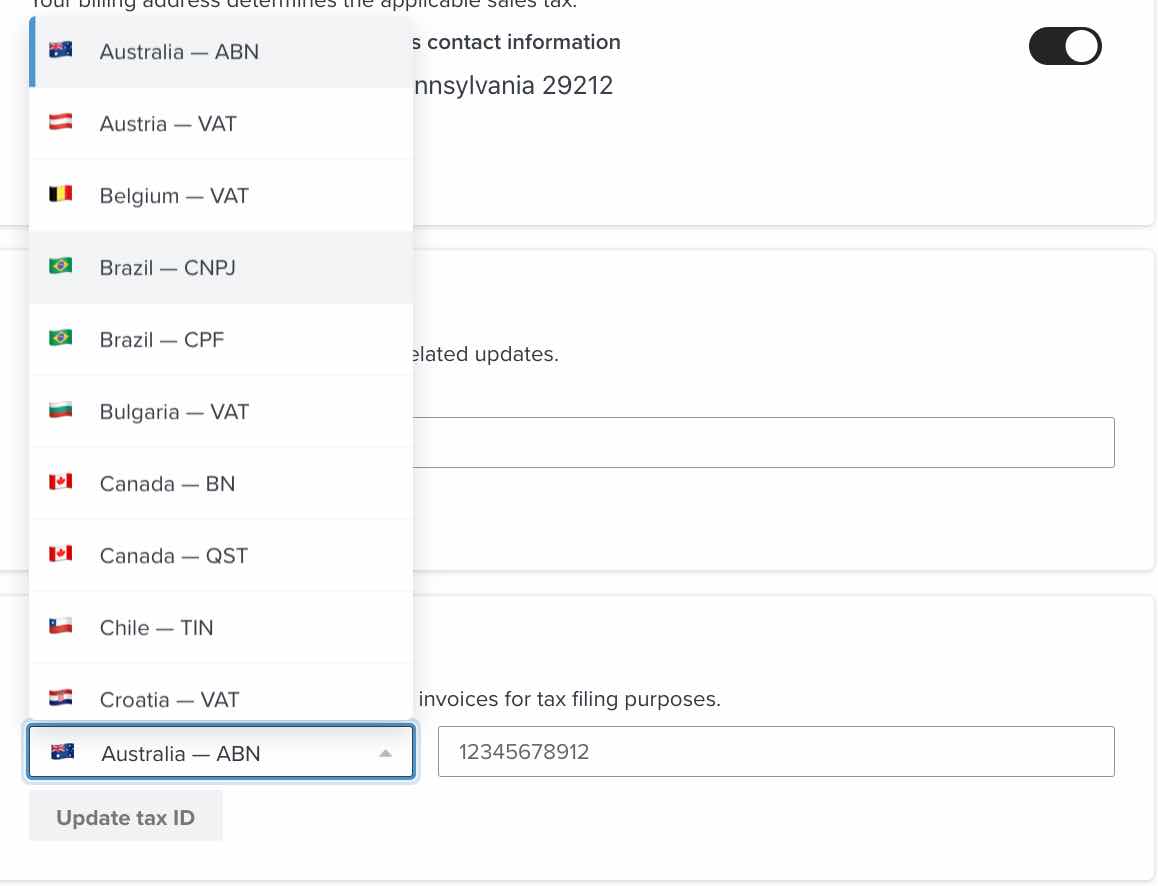 Tax ID section where the country dropdown is opened