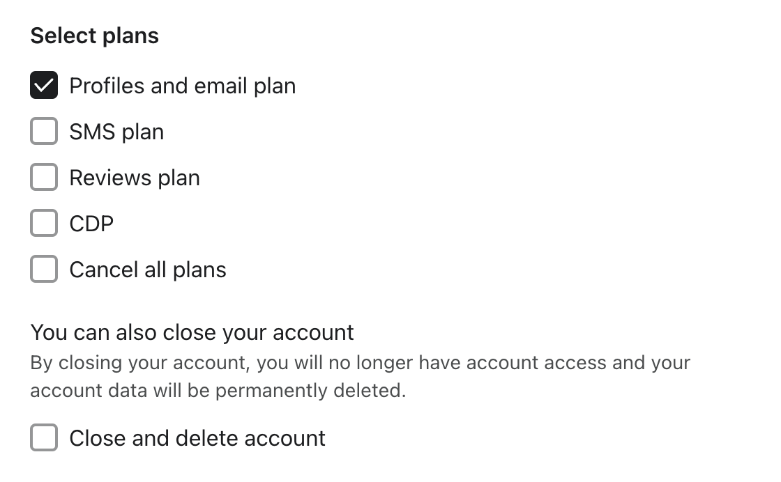 A list of all active plans with checkboxes to select if you want to cancel them