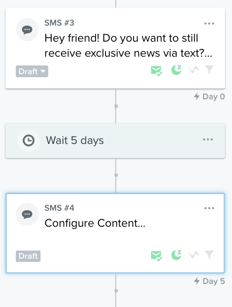 Winback flow for UK and Australian after you created the first SMS, added a time delay, and added a second SMS