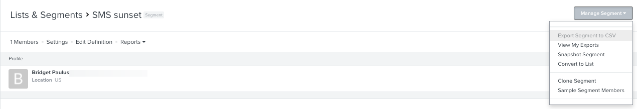 The Manage Segment dropdown, showing Export Segment to CSV as the first option