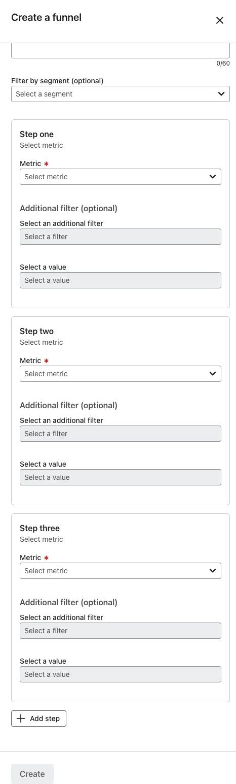 Menú de configuración que aparece al pulsar el botón Crear embudo