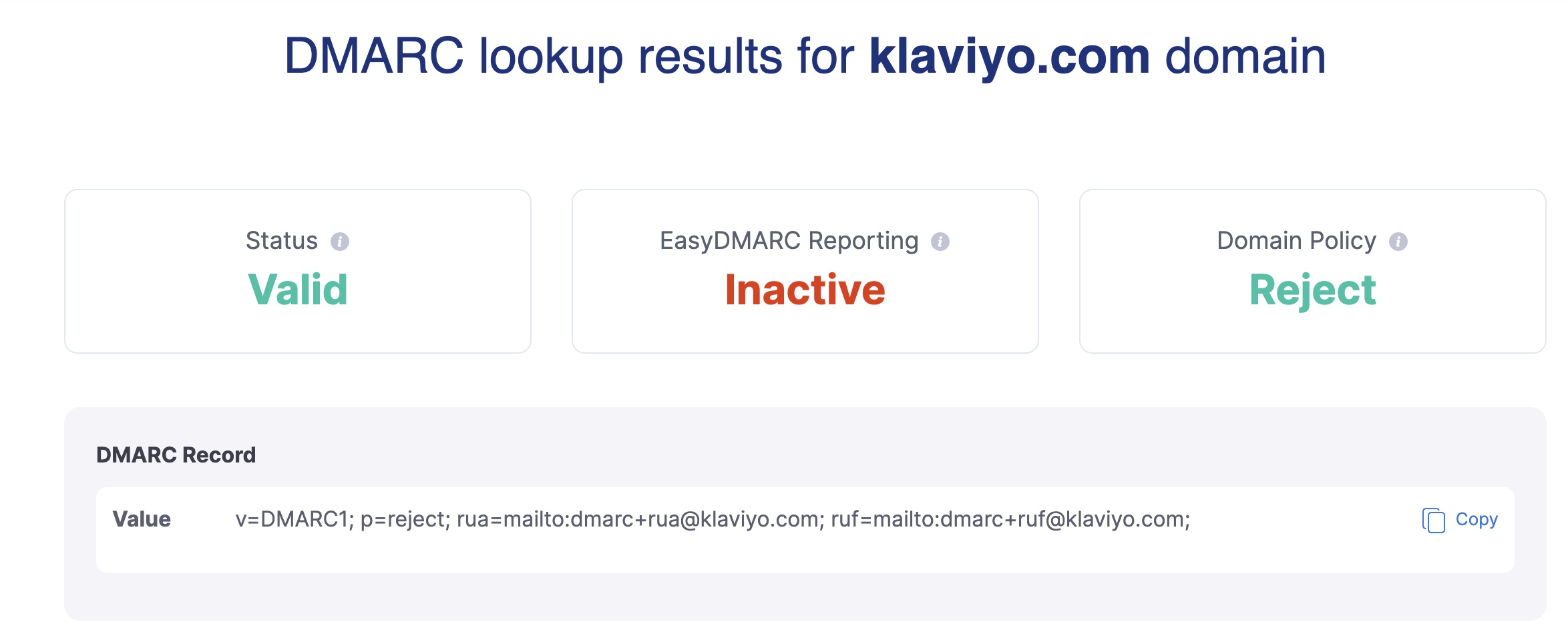 Exemple de recherche sur EasyDMARC pour le domaine klaviyo.com