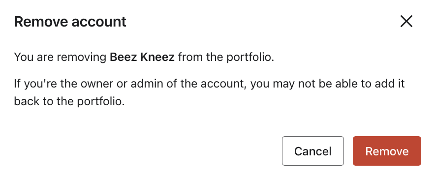 Modal to confirm that you want to unlink an account from the portfolio