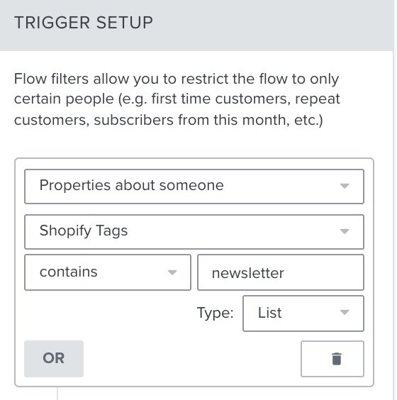 Klaviyo fluye configuración disparador constructor mostrando perfil filtro Shopify etiquetas contiene boletín de noticias