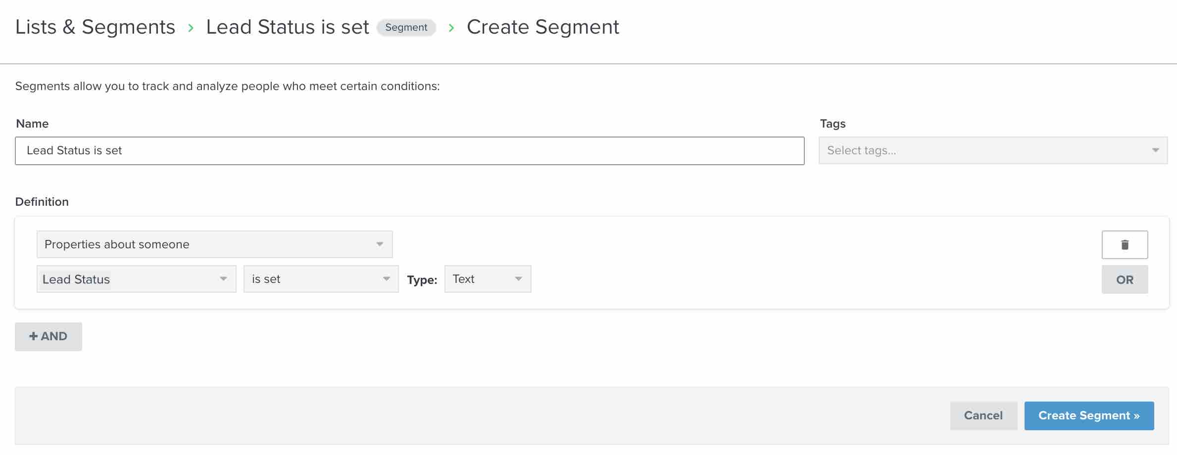 Lead Status est un segment défini dans Klaviyo segment builder avec Create Segment sur fond bleu.