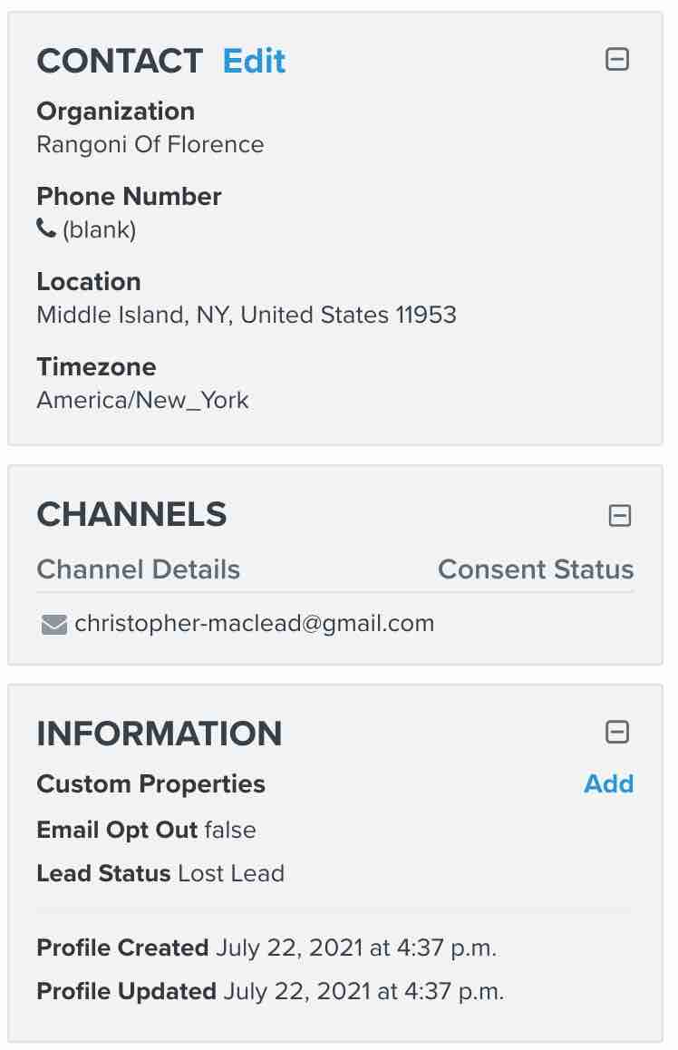 Le sezioni contatti, canali e informazioni di un profilo in Klaviyo con lo stato di lead della proprietà del cliente impostato su Lead perso