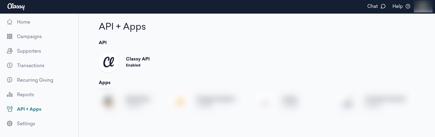 API + Apps tab in Classy showing Classy API enabled