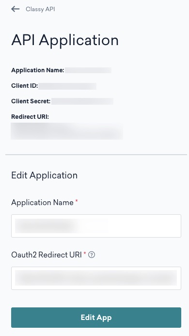 Modifier la page d'application de l'API dans Classy Les champs ID du client et Secret du client sont estompés.