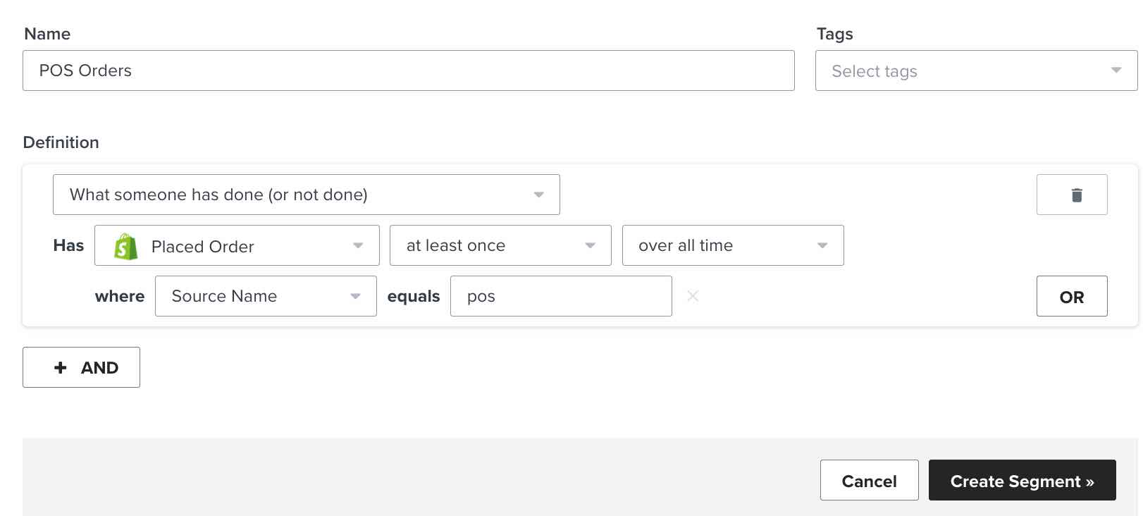 Klaviyo segment builder showing segment named POS Orders, Create Segment with black background and Cancel with white background