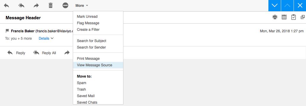 View message source option for email in in AOL inbox