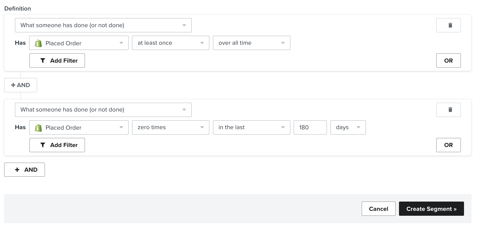 A new segment being created with the definition set to include those who have purchased before, but not in the last 180 days.