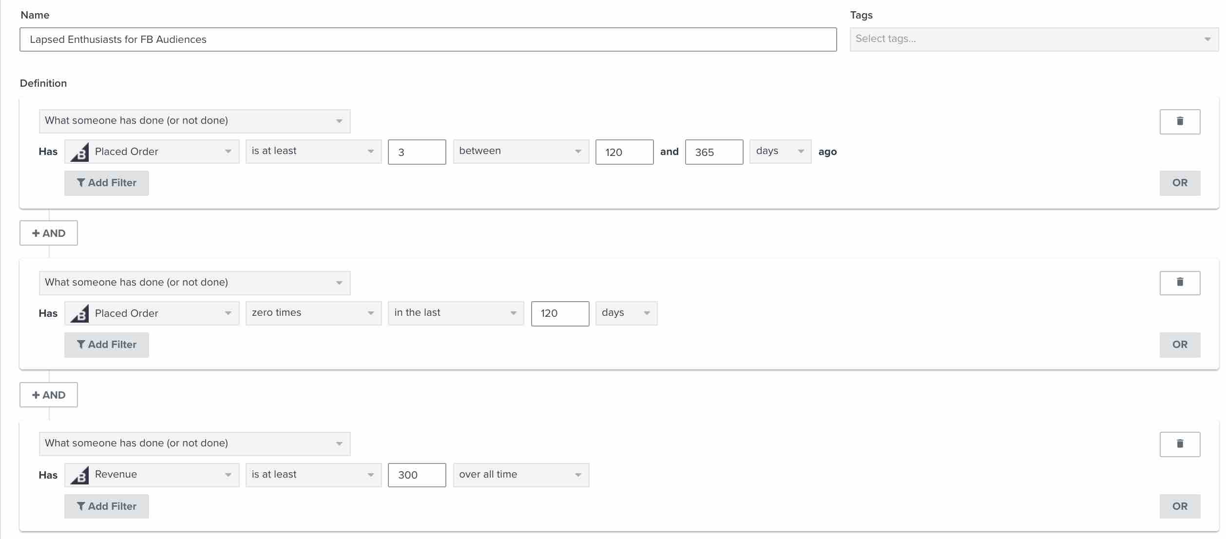 Lapsed enthusiasts segment in Klaviyo segment builder