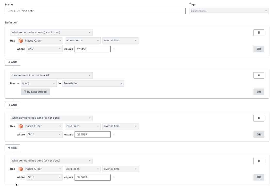 Cross-sell segment in Klaviyo segment builder