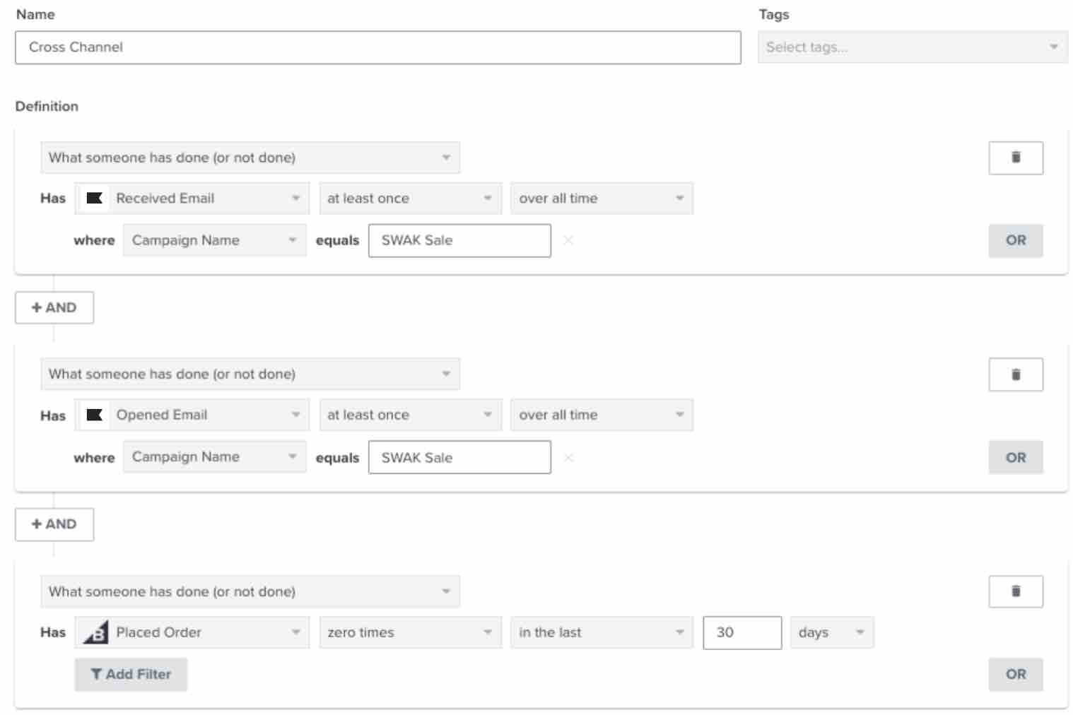 Cross-channel segment in Klaviyo segment builder