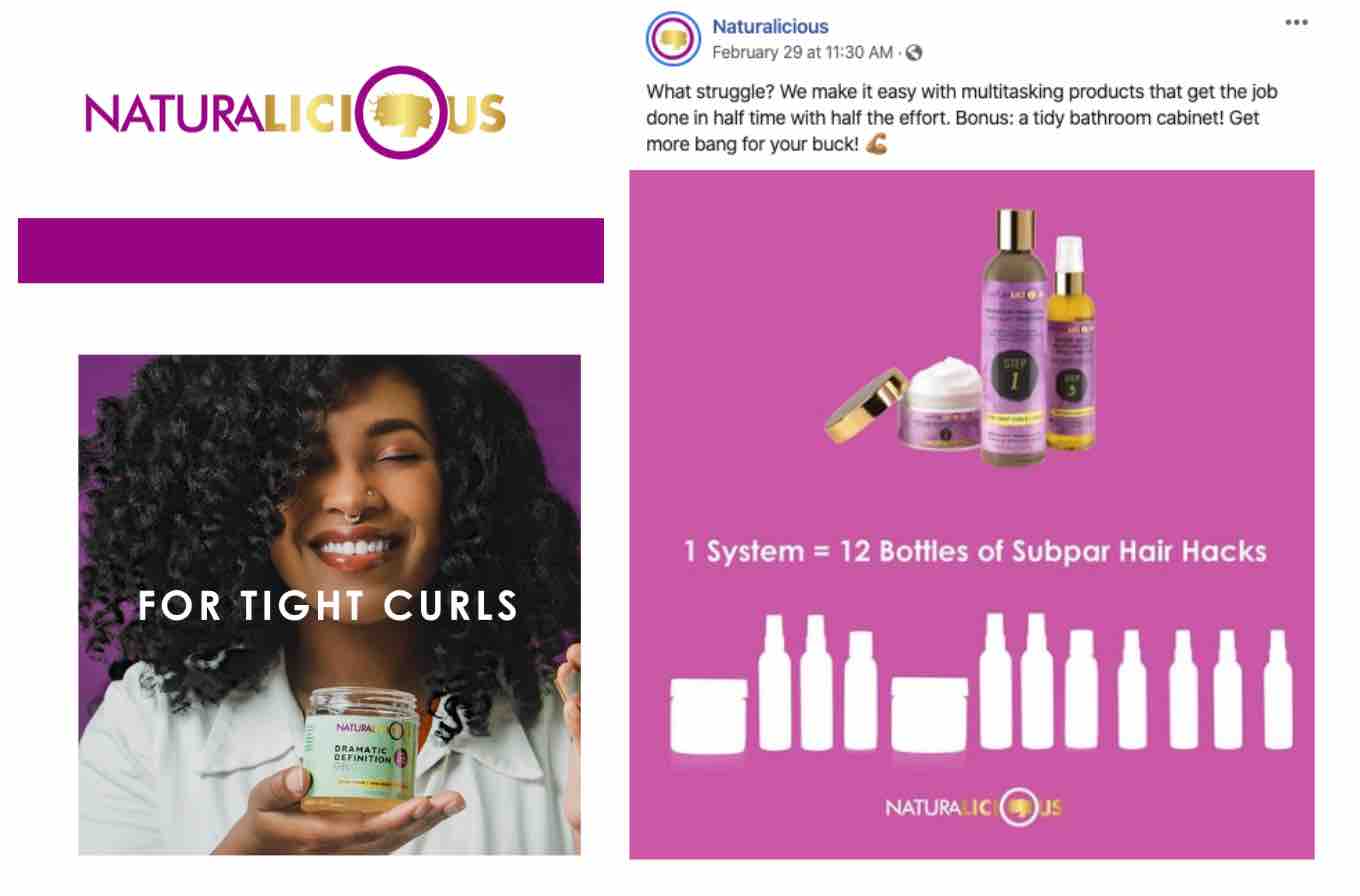 Anúncio do Facebook Magenta Naturalicious para cachos apertados com fotos de várias garrafas de tamanhos diferentes