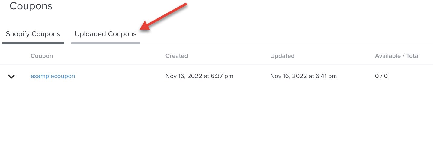 The coupons tab with an arrow pointing to the uploaded coupons tab in the menu bar