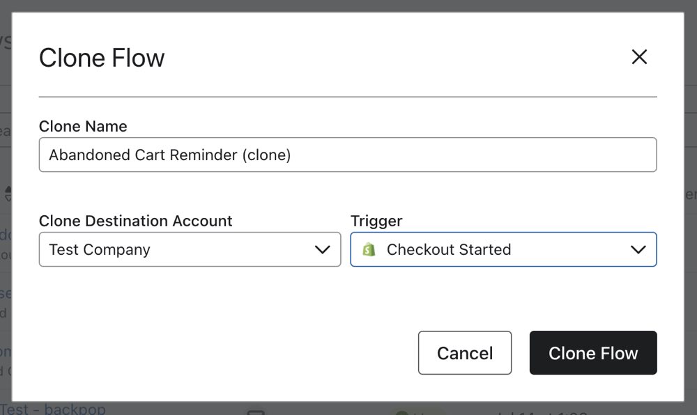 Clone Flow modal with a text box to edit the flow name and a dropdown that can be used to change the trigger